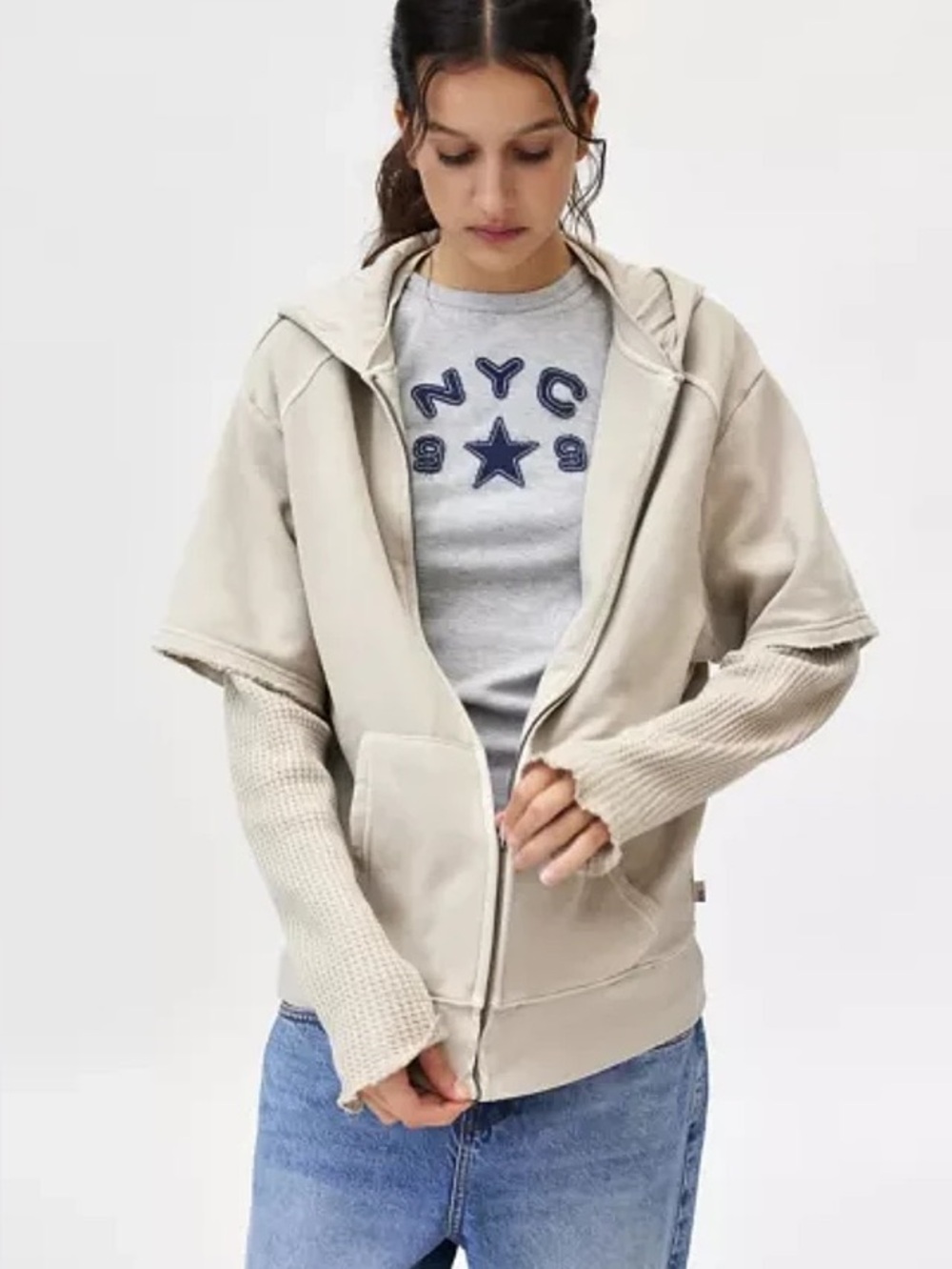 BDG Urban Outfitters Jaycee Double Layer Hoodie Beige Fall Grunge Size M